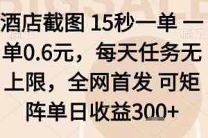 酒店截图项目，15秒一单，一单0.6米，每天任务无上限，全网首发可矩阵单日收益3张+【揭秘】