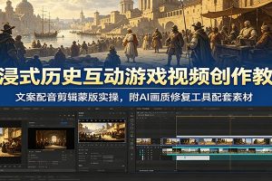 沉浸式历史互动游戏视频创作教学:文案配音剪辑蒙版实操,附AI画质修复工具配套素材